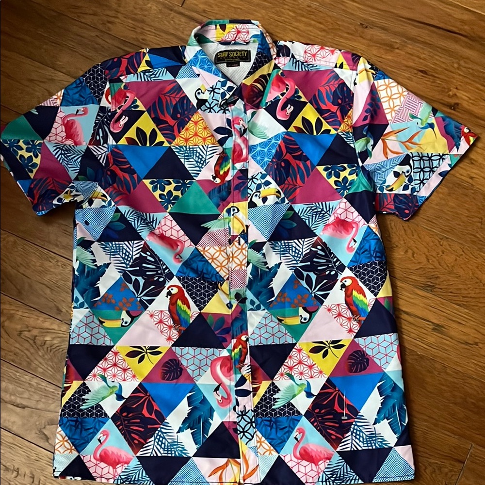 Surf Society Multicolor Tropical Print Short-Sleeve Button Down Shirt swimwear